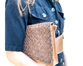 Woven Brown Leather Purse, braided pattern finished with yellow macrame cord, Handmade Artisanal Leather, Fanny pack