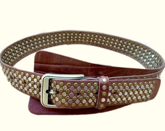Studded Leather Belt, Artisan Leather Belt, Multi Color Studs, Leather Belt with Nails, Wide Leather Belts