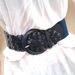 Blue Leather Elastic Belt , Waist  belt or Hip , Vintage inspired leather belt, Elastic back belt, braided belt, woven belt, women belt