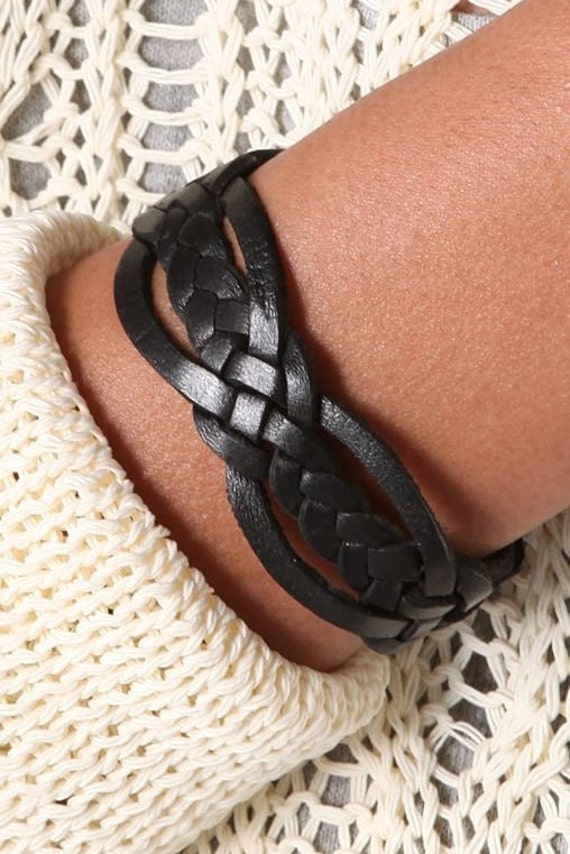 Thin Leather Cuff Bracelet , Boho Leather Cuff, Woven Leather Cuff