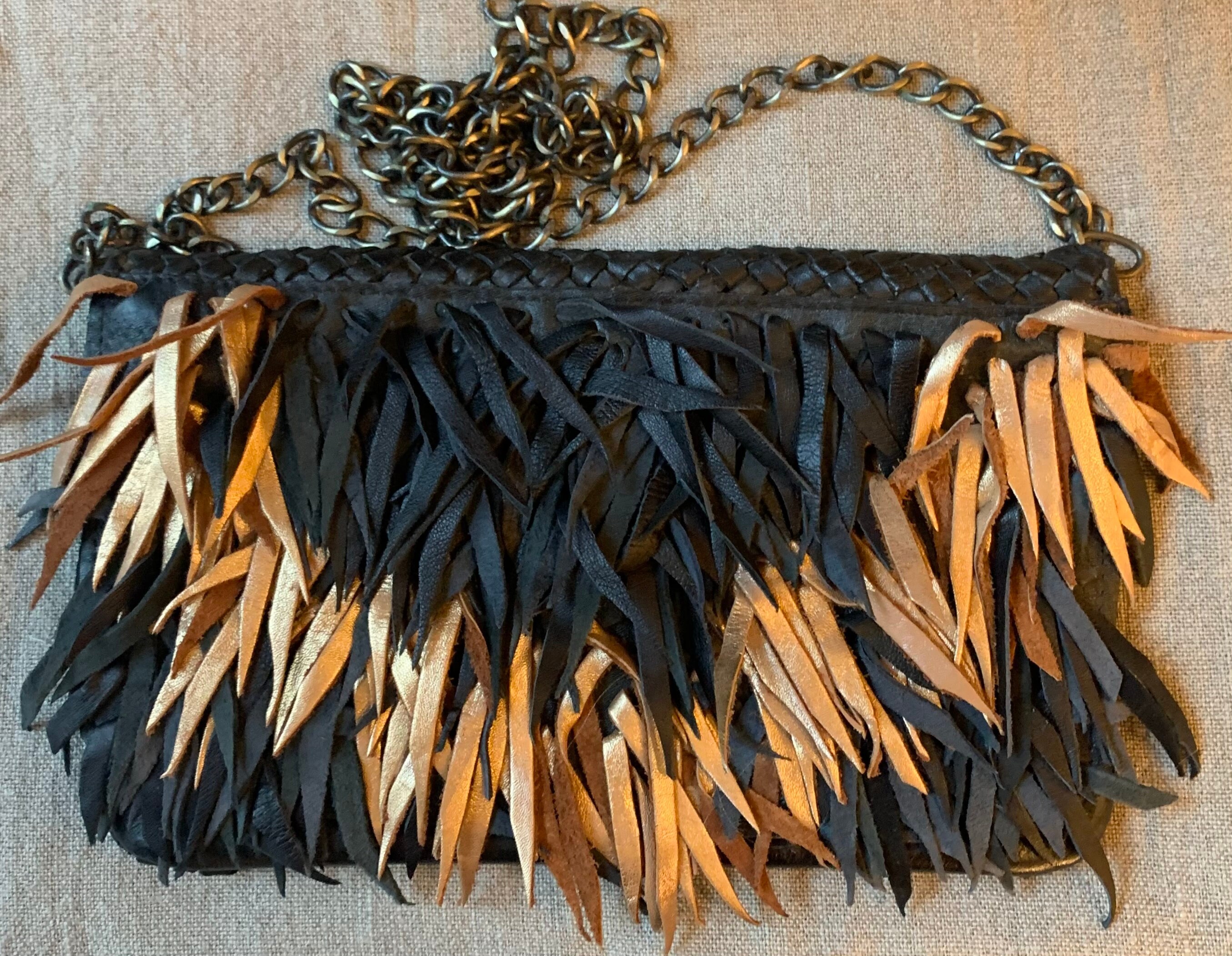 Fringed Leather Clutch Gold and Black Leather Bag Hippie | Etsy