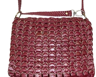 Sac à main tressé Boho Red, sac à main pour femmes tissé à la main, sac à main tressé Hippie, sac à main en cuir bourguignon, Lurex et liens en cuir