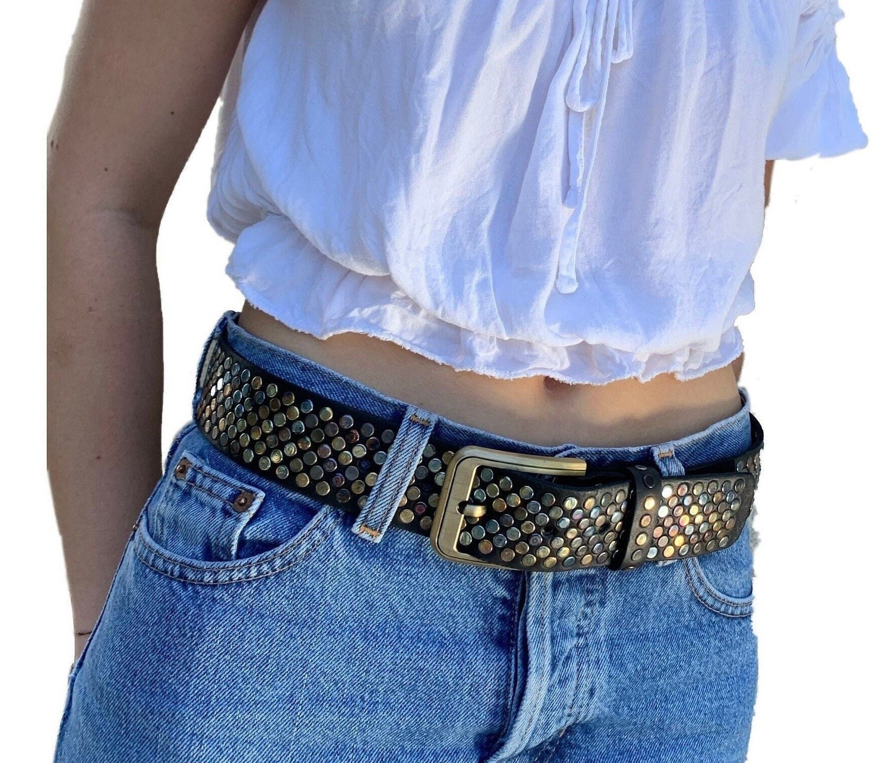 Women Leather Studded Belt Denim 