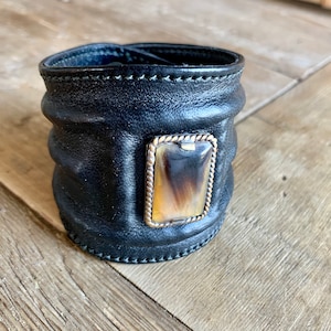 Black Leather Cuff with Turquoise Resin Stone, Handmade Leather Bracelet .Women&#39;s Leather Cuff, Wide Leather Black Cuff