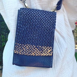 Blue woven flap-top crossbody/shoulder mini bag,  braided pattern finished withmetallic film, blue artisanal leather, fanny pack