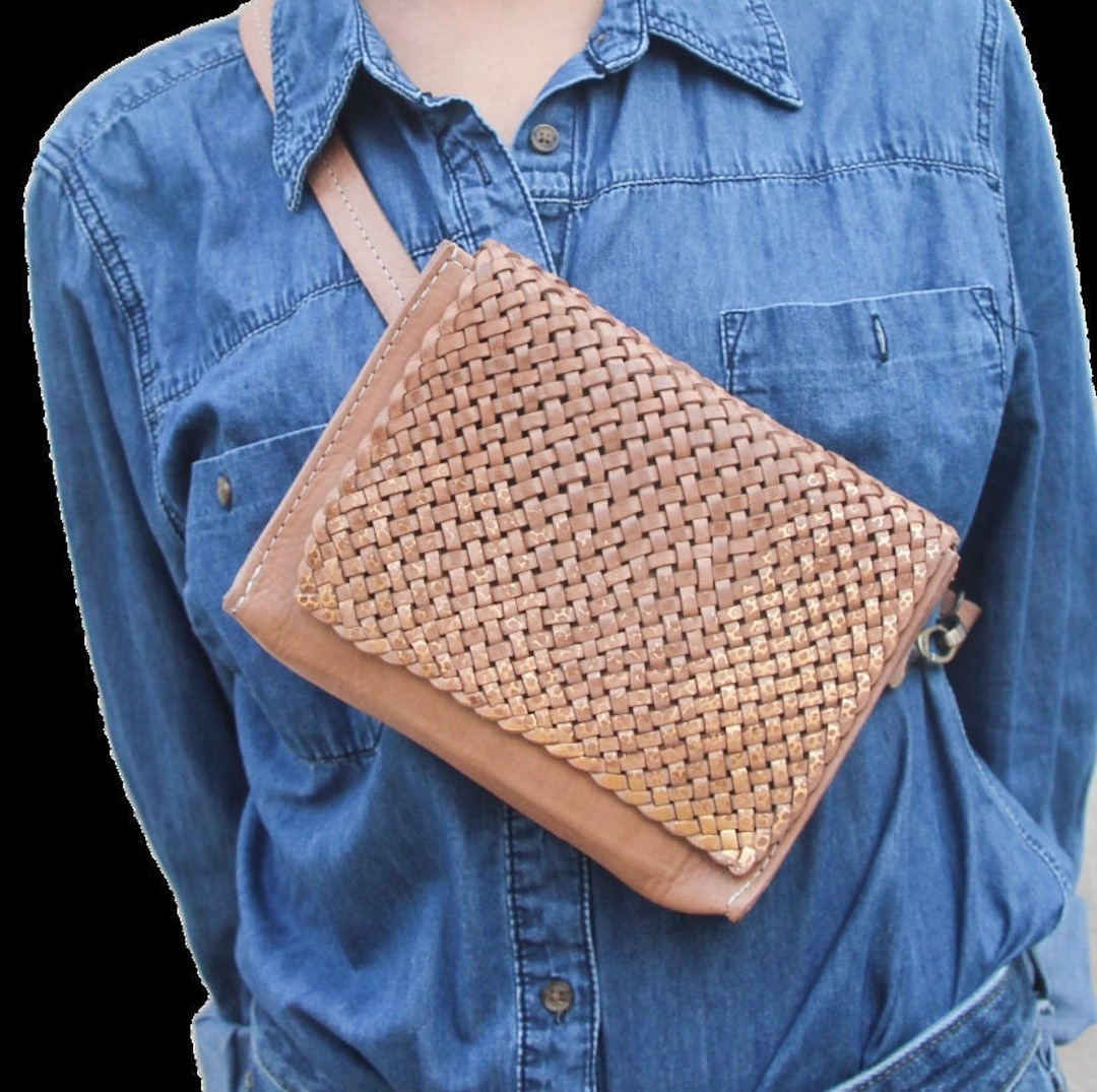 Woven Leather Bag, Handmade Braided With Metallic Accent, Shoulder Artisanal Purse, Fanny Pack