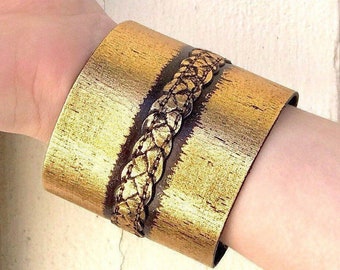 Golden leather 3" cuff, braided brown leather with gold film embossed. Eye catching antique gold bracelet , leather jewelry