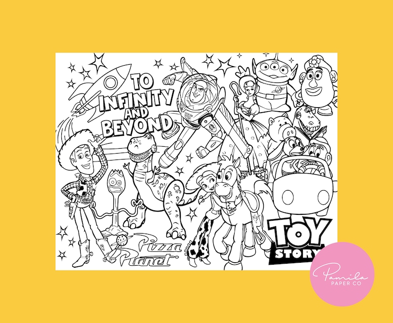 May include: Black and white line art coloring page featuring characters from the Toy Story movie franchise. The characters include Woody, Buzz Lightyear, Jessie, Rex, Mr. Potato Head, and Slinky Dog. The text "To Infinity and Beyond" and "Toy Story" are included in the image.