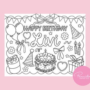 Pode incluir: Uma página para colorir imprimível em preto e branco com um bolo de aniversário com velas, balões e o texto "Happy Birthday Livi".