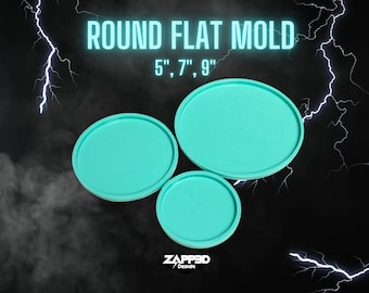 May include: Three round silicone moulds for crafting, in teal, with sizes 5", 7", and 9" printed on a black background with lightning bolts.