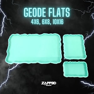 May include: Three turquoise blue silicone molds for resin art. The molds are shaped like irregular rectangles with wavy edges. The text "GEODE FLATS" and "4X6, 6X8, 10X16" is printed in white on a black background.