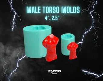 May include: Two silicone molds for making male torso figures. The molds are turquoise blue and the figures are red. The larger mold is 4 inches tall and the smaller mold is 2.5 inches tall. The text "MALE TORSO MOLDS 4", 2.5" and "ZAPPED DESIGN" is visible in the image.