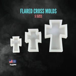May include: Three white flared cross molds of varying sizes are displayed against a dark background. The text "FLARED CROSS MOLDS" and "5 SIZES" are at the top. The image also includes a "MADE IN USA" logo.