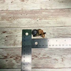 May include: A small ceramic figurine of a brown and white spotted animal, possibly a deer, lying down. The figurine is about 2 inches long and is shown next to a ruler for scale.