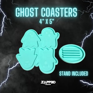 May include: Four teal blue ghost-shaped silicone molds for making coasters, each measuring 4 inches by 5 inches. A teal blue silicone mold for a coaster stand is also included.