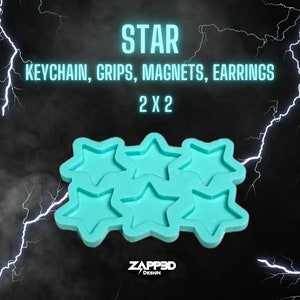 May include: A teal star-shaped mold for crafting keychains, grips, magnets, and earrings. The image features six star shapes in a 2x3 arrangement. Text on the image reads "STAR KEYCHAIN, GRIPS, MAGNETS, EARRINGS 2 X 2". The background is black with lightning.