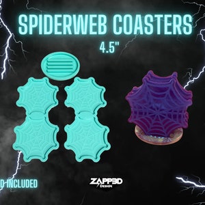May include: Set of four 4.5 inch teal blue silicone molds shaped like spiderwebs. The molds are on a black background. The image also shows a purple spiderweb coaster on a stand. The text "SPIDERWEB COASTERS" and "STAND-INCLUDED" are visible in the image.