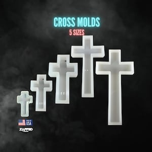 May include: Five white silicone molds shaped like crosses of different sizes. The molds are arranged in a row from smallest to largest. The text "CROSS MOLDS 5 SIZES" is displayed above the molds.