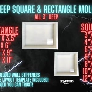 May include: A set of deep square and rectangle molds for crafting. The molds are 3 inches deep and come in various sizes. The square molds are 3x3 inches, 4x4 inches, 5x5 inches, 6x6 inches, 8x8 inches, 10x10 inches, and 12x12 inches. The rectangle molds are 4.5x3.5 inches, 9x6 inches, 12x9 inches, and 14x11 inches. The molds are white and have embedded wall stiffeners. A free layout template is included.