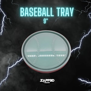 May include: A 9-inch round, light blue baseball tray with a baseball and two crossed bats design. The tray is made of plastic and has a red rim.
