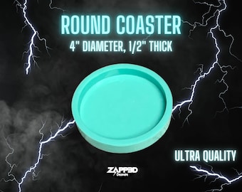 May include: A turquoise blue round coaster with a 10 cm diameter and 1.25 cm thickness. The coaster is made of a smooth, durable material and is perfect for protecting surfaces from spills and scratches.  "ROUND COASTER 4" DIAMETER, 1/2" THICK" is written in white text on a black background.