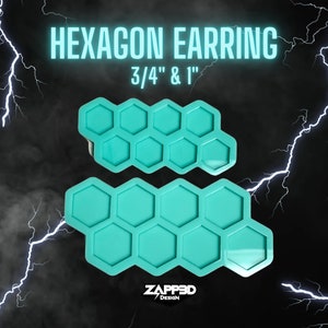 May include: A silicone mold for making hexagon earrings. The mold is teal blue and has two rows of six hexagon shapes. The mold is for making earrings that are 3/4 inch and 1 inch in size. The mold is on a black background with white lightning bolts.