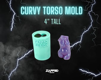 May include: A teal blue silicone mold for making a curvy torso shape. The mold is 4 inches tall and has the text "ZAPP3D DESIGN" on the side. A purple torso made with the mold is shown next to it.