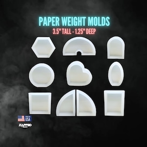 May include: Set of 10 silicone molds for making paperweights. The molds are 3.5 inches tall and 1.25 inches deep. The molds are shaped like a heart, circle, oval, square, hexagon, arch, and two half-circles.