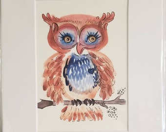 Woot owls print of handmade watercolor painting of crazy cute owls each with a heart, they care, hang around and talk with their eyes