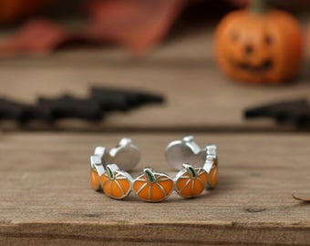 Orange Pumpkin Band Ring, Open Cuff Halloween Ring For Her, Halloween Party Wear Ring, Enamel Jack O lantern Pumpkin Ring, Tiny Fall Jewelry