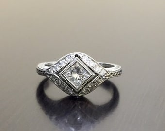 Princess Cut Antique Style Edwardian Art Deco Engagement Ring, Bezal Set Wedding Ring for Women, Anniversary Gift, Vintage Style Estate Ring