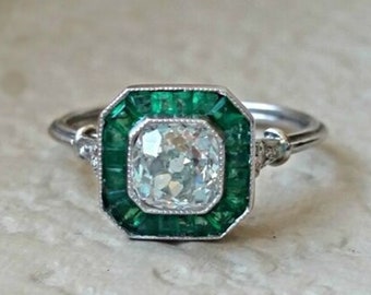 Green Baguette & Old European Cut CZ Stone Art Deco Engagement Ring, Vintage Edwardian Wedding Bridal Ring, Women&#39;s Retro Anniversary Ring