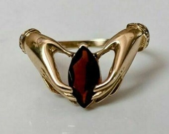 Anillo de circonita cúbica con corte marquesa de granate, anillo de piedra para sujetar las manos para mujer, anillo de compromiso solitario, anillo de promesa para ella.