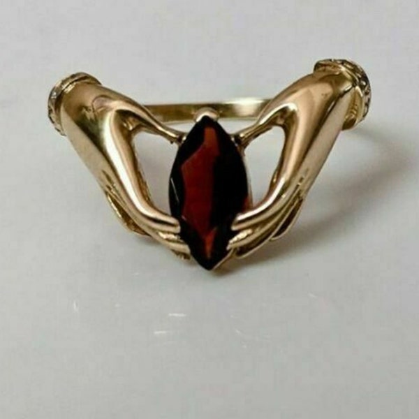Garnet Marquise Cut CZ Stone Ring, Hands-Holding Stone Ring For Women's, Solitaire Engagement Ring, Proposal Promise Ring For Her