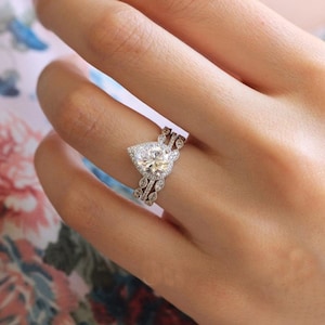 Pear Cut Halo Set CZ Stone Wedding Bridal Ring Set for Womens, Trio Engagement Ring Set, Stackable Ring Set, Anniversary Gift for Wife