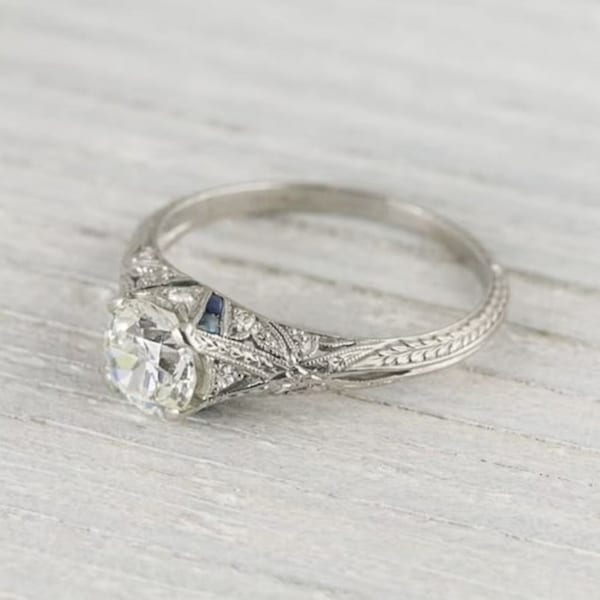 Circa 1930s Vintage Style Ring / Old European Cut & Blue Baguette Diamond Ring / Antique Art Deco Women's Ring / Edwardian Estate Retro Ring