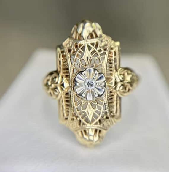Victorian Openwork Filigree Ring, Round CZ Stone Solitaire Ring, Antique Art Deco Engagement Ring, Vintage Style Two Tone Ring, Gift For Her