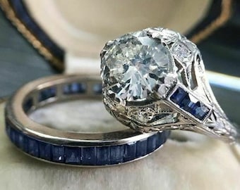 Antique Art Deco Engagement Ring Set with Sapphire Baguette Full Eternity Band, Vintage Style Edwardian Wedding Bridal Ring Set Gift for Her