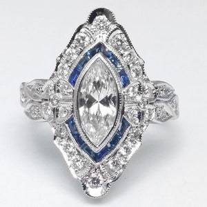 Vintage Art Deco Marquise & Blue Baguette Cut Engagement Ring / Antique Engagement Ring, Lozenge Dinner Ring, Mid Century Edwardian Ring