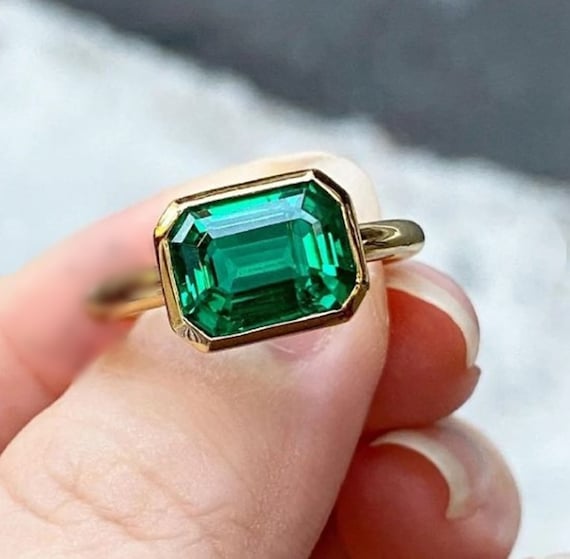 Bezel Set Green Emerald Cut CZ Diamond Ring / Solitaire Etsy