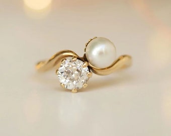 Pearl And Old European Cut CZ Stone Crossover Moi Et Toi Ring, Pearl Wedding Ring, You and Me Ring, Engagement Ring, Proposal Promise Ring