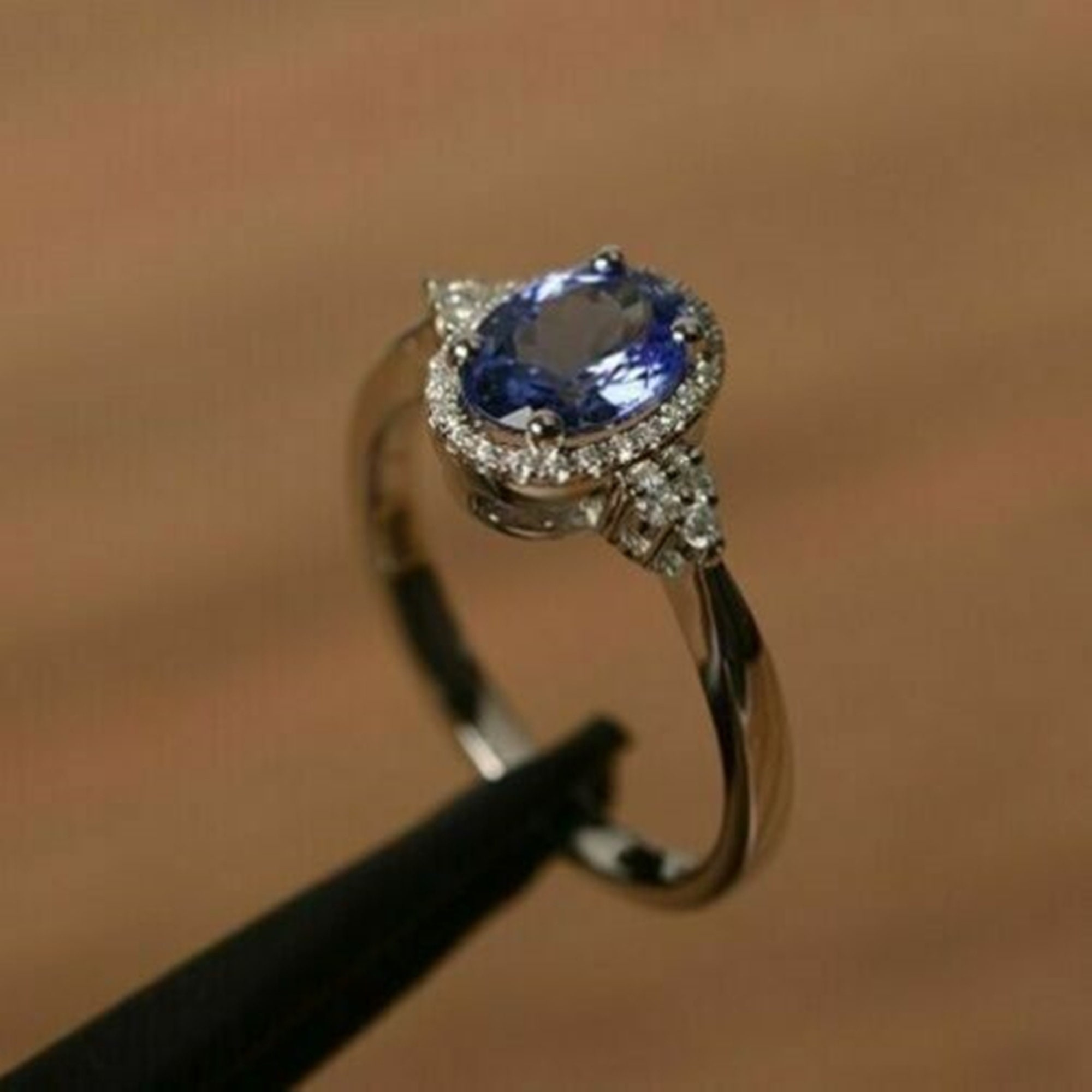 Blue Oval Cut Halo Diamond / Delicate Gemstone Ring / Wedding - Etsy UK