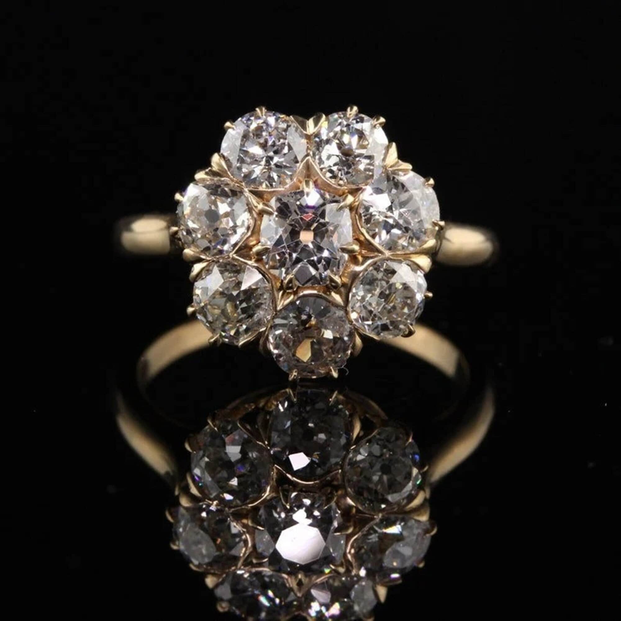Cluster Set Vintage Style Yellow Gold Ring, Old Mine & Old European Cut CZ Stone Ring, Halo Floral Look Wedding Ring, Women Engagement Ring