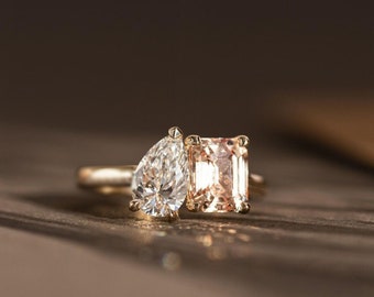 Toi Et Moi Two Stone Engagement Ring for Women, Pear & Emerald Cut Bridal Wedding Ring, Promise Proposal Ring, Anniversary Gift for Wife