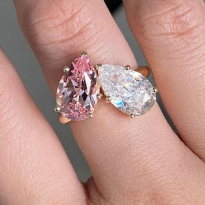 14K Yellow Gold Two Stone Ring, Pink And White Pear CZ Stone Ring, Toi Et Moi (You & Me) Ring, Gemstone Ring, Teardrop Bridal Wedding Ring