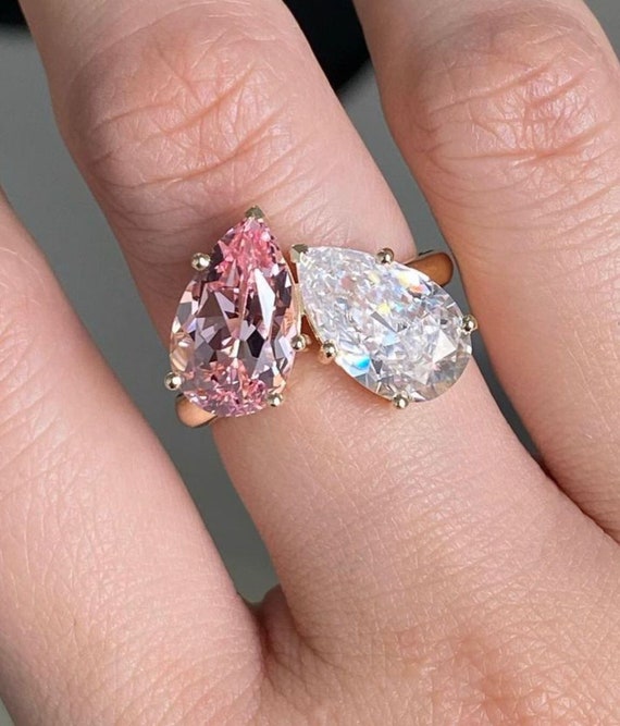 14K Yellow Gold Two Stone Ring, Pink and White Pear CZ Stone Ring