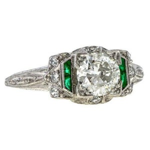 Mid-Century Art Deco Engagement Ring, Green Baguette & Old European Cut CZ Stone Wedding Ring, Vintage Retro Ring for Women Anniversary Ring