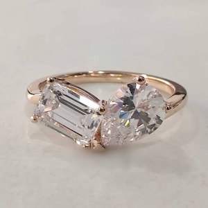Pear And Emerald Cut Two Stone Toi Et Moi Wedding Ring, Double Stone Engagement Ring, Anniversary Gift for Wife, Promise Ring for Girlfriend