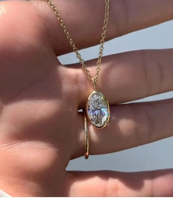Bezel Set Oval Cut CZ Stone Pendant Necklace, Dainty Solitaire