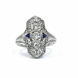 Three Stone Round & Blue Baguette Cut Art Deco Engagement Ring, Antique Edwardian Ring, Vintage Retro Estate Ring, Filigree Wedding Ring